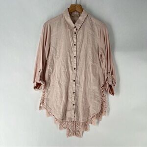 Soft Surroundings Blush Linen Button Down See Through Lace Back‎ High Low Shirt